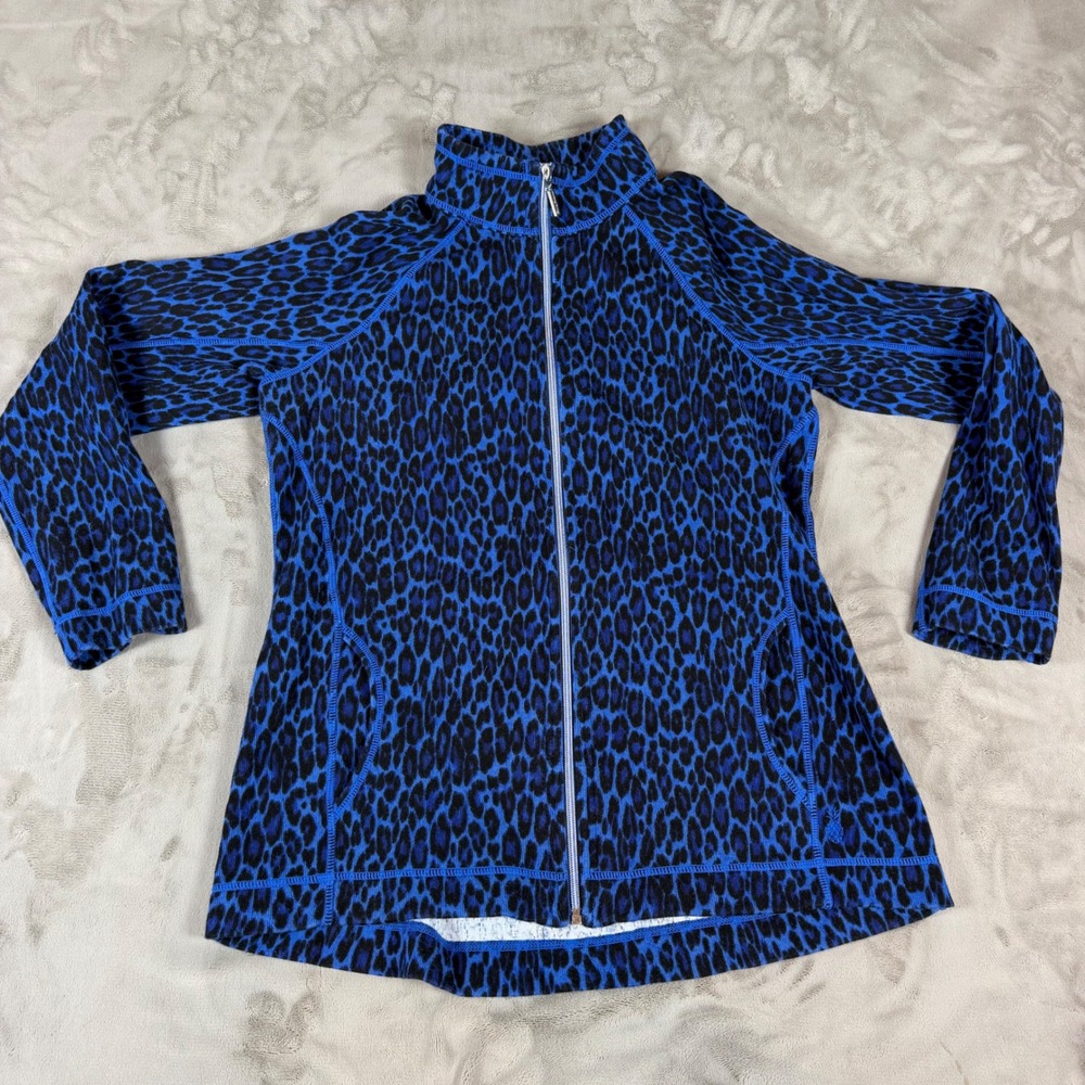Tommy Bahama Womens Blue Black Leopard Print Full Zip Mock Neck Jacket Medium